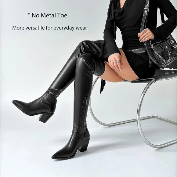 Women Black-1 Synthetic Thigh High Slim Calf Block Chunky Heel Pointed Toe Boots - Picture 4 of 9